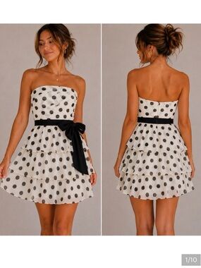 White House Black Market Polka Dot Strapless Dress Tiered Ruffle - Size 12